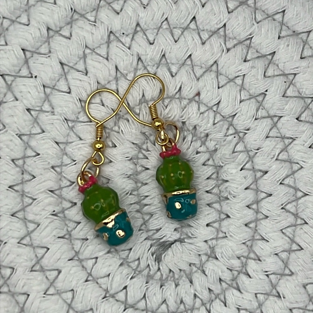 Gold Tone and Enamel Cactus Earrings